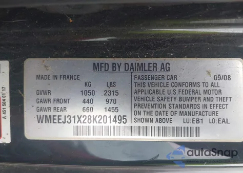 2008 Smart Fortwo Pure/Passion from USA, damaged, VIN WMEEJ31X28K201495